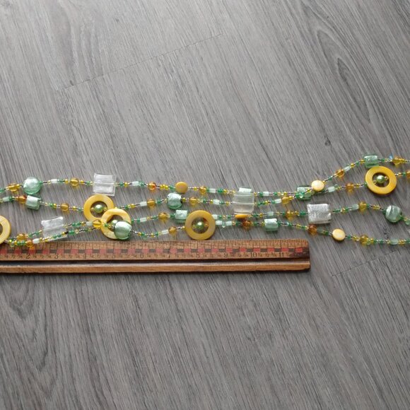 Yellow and Green Glass Beaded Necklace Pearlescent Shell Long - Picture 7 of 8